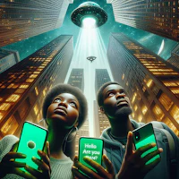 a poster with two people holding their phones up to an alien spaceship