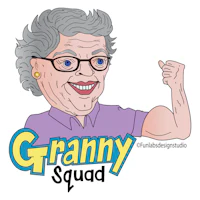 a cartoon of an old woman with glasses and the words granny squad