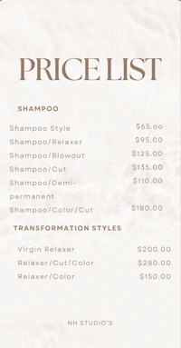 a price list for a hair salon