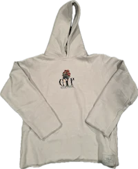 a white hoodie with a rose on it