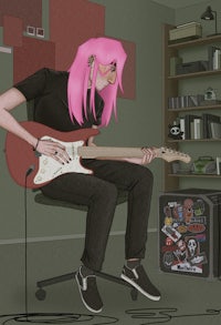 a person with pink hair playing a guitar in a chair