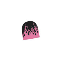 a pink and black beanie with flames on it