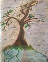 a drawing of a tree on top of a rock