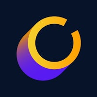a purple and yellow circle logo on a black background