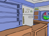 a drawing of a room with a refrigerator and a window