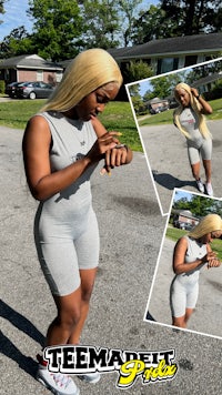 a black woman in a grey romper
