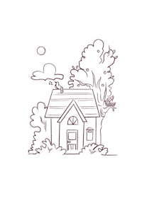 a drawing of a house in the woods