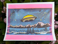 a painting of a ufo flying over a pink background
