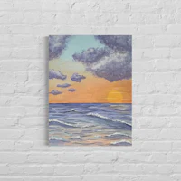 a painting of a sunset over the ocean on a brick wall