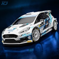 the ford fiesta rally car is shown on a dark background