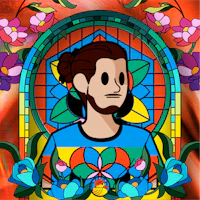 a stained glass image of a man with a beard