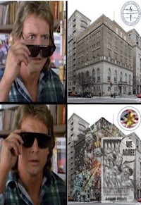 a picture of a man with sunglasses in front of a building