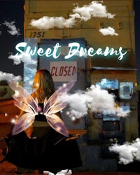 a girl with wings sitting in front of a box with the words sweet dreams