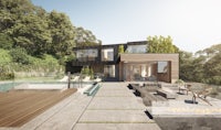 a 3d rendering of a modern house with a swimming pool
