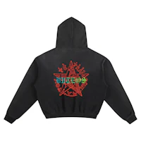 a black hoodie with a red star on it