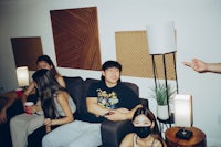 a group of people sitting on a couch