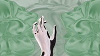a silver hand on a green background