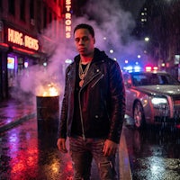 a man in a leather jacket standing in front of a car in the rain