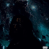 an image of a man with dreadlocks standing in front of a starry sky