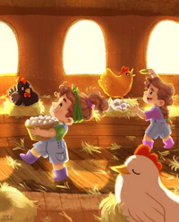a group of children in a barn with chickens