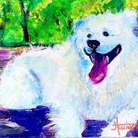 a painting of a white dog laying on the ground