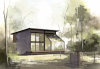 a watercolor painting of a small house in the woods