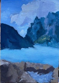 a painting of a blue lake with mountains in the background