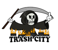 trash city logo with a skeleton holding a scythe