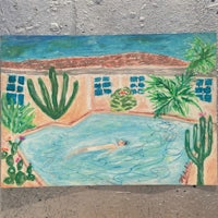 a painting of a person swimming in a pool