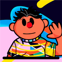 a cartoon character waving his hand in front of a colorful background