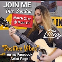 a woman with an acoustic guitar and the words join me this sunday positive vibes on my artist page