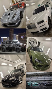 a collage of photos of different cars in a garage