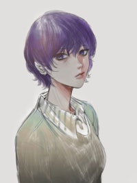 a drawing of a girl with purple hair