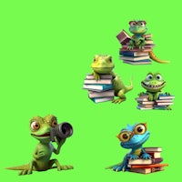 a group of lizards with books on a green background