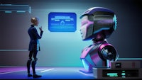 a woman is talking to a robot in a futuristic setting