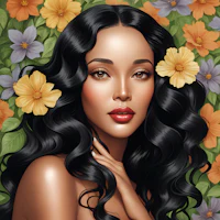 a portrait of a black woman with long hair and flowers