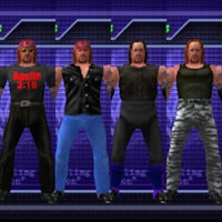 four wrestlers standing in front of a purple screen