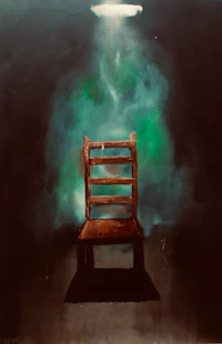 a painting of a chair with smoke coming out of it