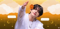 a young man is pointing to the sky with a flower in his hand