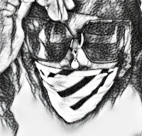 a black and white drawing of a person wearing a mask