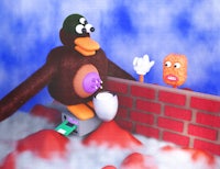 a cartoon character is standing on top of a brick wall