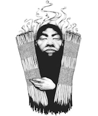 a black and white drawing of a man holding a bundle of sticks