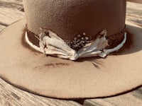 a cowboy hat with feathers on it