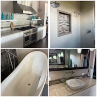 four pictures of a bathroom with a bathtub and sink