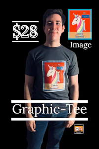 a man wearing a graphic t - shirt with an image of a unicorn