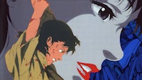 an anime poster with a woman holding a sword