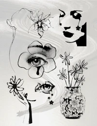 a black and white drawing of a woman with flowers in a vase