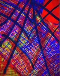 an abstract painting with red, blue, and yellow lines