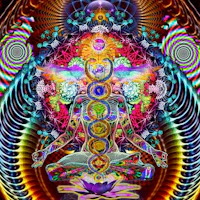 a psychedelic image of a man sitting in a lotus position