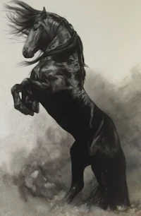 a painting of a black horse galloping